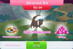 Size: 1263x851 | Tagged: safe, derpibooru import, official, chief thunderhooves, buffalo, bowl, bundle, camp, cauldron, cloven hooves, costs real money, cup, english, feather, gameloft, gem, headress, horns, image, jpeg, ladle, male, numbers, sale, solo, solo focus, spoon, text