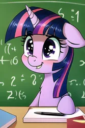 Size: 512x768 | Tagged: safe, derpibooru import, machine learning generated, novelai, stable diffusion, twilight sparkle, blushing, book, catchlights, chalkboard, chest fluff, desk, floppy ears, happy, image, math, notepad, png, smiling, teacher