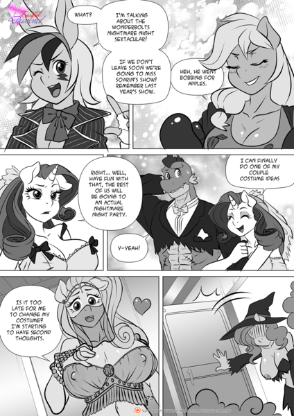 Size: 1200x1697 | Tagged: questionable, artist:pia-sama, derpibooru import, applejack, fluttershy, pinkie pie, rainbow dash, rarity, spike, anthro, dragon, pegasus, unicorn, comic:lustful diamond, comic:night of the living sex, comic:rogue diamond, absolute cleavage, adult, adult spike, big breasts, breasts, busty applejack, busty fluttershy, busty pinkie pie, busty rarity, cauldron, cleavage, clothes, comic, costume, coughing, erect nipples, female, g4, grayscale, halloween, halloween costume, hat, holiday, image, ladle, monochrome, nipple outline, nipple piercing, nipples, nudity, older, older spike, one breast out, open mouth, partial nudity, piercing, png, speech bubble, witch hat