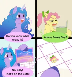 Size: 2222x2367 | Tagged: safe, artist:aztrial, derpibooru import, izzy moonbow, posey (g5), earth pony, pony, unicorn, annoy squidward day, annoyed, blushing, book, bow, calendar, comic, dialogue, employee of the month, frown, g5, grin, hair bow, happy, image, jewelry, jpeg, necklace, open mouth, open smile, posey bloom is not amused, smiling, spongebob squarepants, unamused, unshorn fetlocks