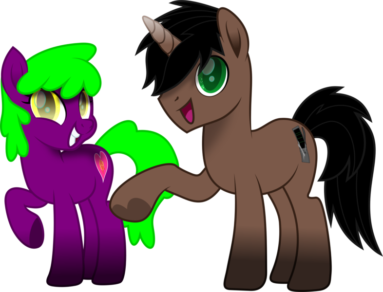 Size: 1768x1350 | Tagged: safe, artist:lincolnbrewsterfan, artist:luckreza8, derpibooru import, oc, oc:dark driveology, oc:rose love, earth pony, unicorn, derpibooru community collaboration, .svg available, 2023 community collab, base used, black mane, black tail, brown, computer, couple, derpibooru exclusive, duo, earth pony oc, female, flower, gift art, green eyes, green mane, green tail, heart, hoof heart, horn, image, inkscape, looking at you, male, male and female, oc request, oc x oc, png, purple, raised hoof, request, requested art, rose, screwdriver, shipping, simple background, smiling, smiling at you, stallion oc, tail, transparent background, underhoof, unicorn oc, vector, wrench, yellow eyes