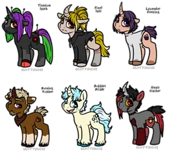 Size: 3064x2797 | Tagged: safe, artist:sexygoatgod, derpibooru import, oc, oc:bubbles bright, oc:burning rubber, oc:heart cracker, oc:lavender frosting, oc:pixel split, oc:titanium spark, unofficial characters only, cyborg, pony, undead, unicorn, zombie, adoptable, bandana, chibi, clothes, female, hoodie, image, male, png, socks, stockings, sweater, thigh highs, turtleneck, unshorn fetlocks