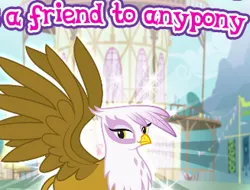 Size: 327x248 | Tagged: safe, official, screencap, gilda, gryphon, advertisement, cropped, female, friendship, gameloft, image, looking at you, mountain, outdoors, png, ponyville, ponyville town hall, smiling, smiling at you, smirk, solo, sparkles, spread wings, wings