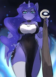 Size: 2894x3977 | Tagged: safe, artist:yukomaussi, derpibooru import, princess luna, alicorn, anthro, breasts, busty princess luna, clothes, dress, female, image, looking at you, looking down, looking down at you, low angle, png, sketch, solo, staff