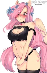 Size: 2656x4093 | Tagged: suggestive, artist:yukomaussi, derpibooru import, fluttershy, anthro, pegasus, belly button, blushing, boob window, bra, breasts, busty fluttershy, cat keyhole bra set, cat lingerie, cleavage, clothes, embarrassed, eye clipping through hair, female, flower, flower in hair, image, lingerie, panties, png, solo, solo female, underwear