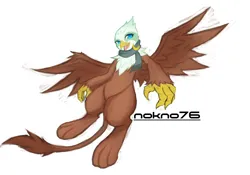 Size: 4000x2800 | Tagged: safe, artist:nokno76, derpibooru import, greta, gryphon, clothes, female, happy, image, jpeg, looking at you, scarf, simple background, smiling, solo, spread wings, white background, wings