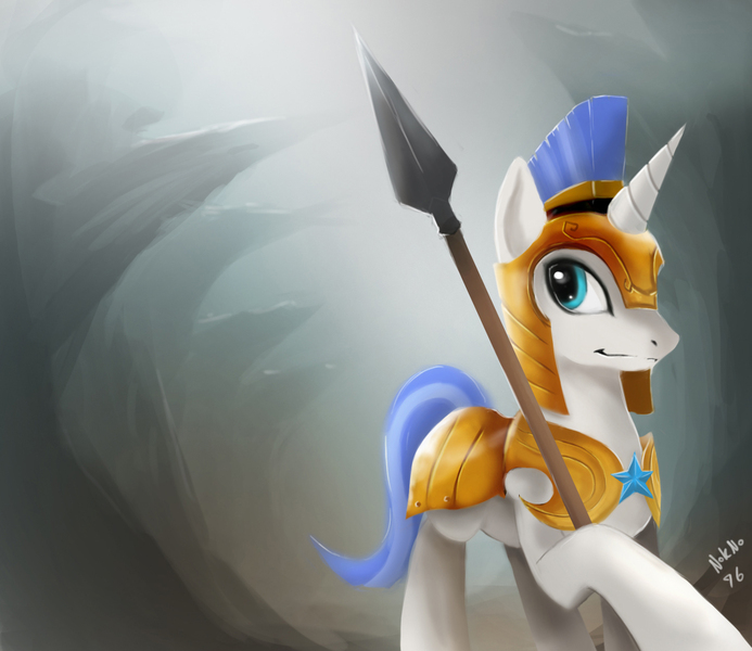 Size: 1445x1251 | Tagged: safe, artist:nokno76, derpibooru import, pony, unicorn, armor, canyon, holding, image, jpeg, looking back, male, overhang, royal guard, solo, spear, stallion, weapon