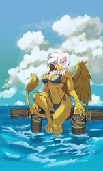 Size: 1440x2384 | Tagged: suggestive, artist:skrapbox, derpibooru import, gilda, anthro, gryphon, abs, biceps, bikini, bikini bottom, blushing, breasts, busty gilda, clothes, curvy, female, fit, hourglass figure, image, looking at you, muscles, muscular female, ocean, one eye closed, pier, png, rippda, side-tie bikini, sitting, smiling, smirk, solo, solo female, spread wings, swimsuit, thong swimsuit, toned, toned female, water, wings, wink, winking at you
