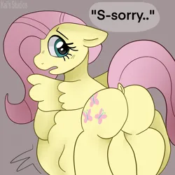 Size: 2000x2000 | Tagged: suggestive, artist:kaifurry, derpibooru import, fluttershy, pegasus, pony, belly, big belly, butt, dialogue, dock, embarrassed, endosoma, fetish, flutterbutt, flutterpred, high res, image, large belly, large butt, looking back, non-fatal vore, oral vore, plot, png, simple background, soft vore, solo, speech bubble, spread wings, tail, vore, wings