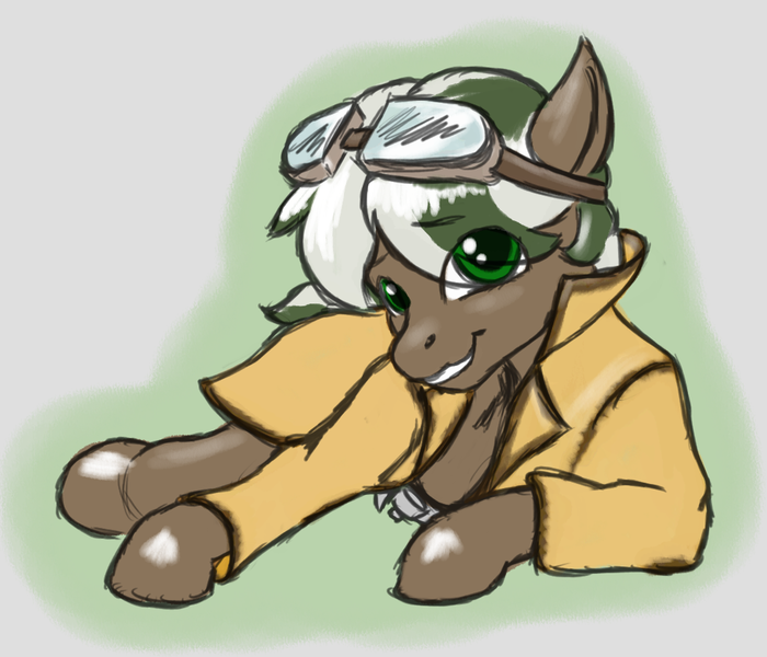 Size: 1050x900 | Tagged: safe, artist:trefoiler, derpibooru import, oc, oc:bellamy, earth pony, clothes, coat, colored, goggles, image, looking at you, png, simple background, smiling