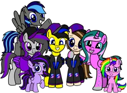 Size: 5924x4358 | Tagged: safe, artist:mrstheartist, derpibooru import, oc, oc:knifeth storm, oc:ponyseb, oc:ruby belle, oc:seb the pony, oc:viola love, unofficial characters only, pony, derpibooru community collaboration, 2023 community collab, female, filly, foal, group, image, male, mare, png, simple background, stallion, transparent background