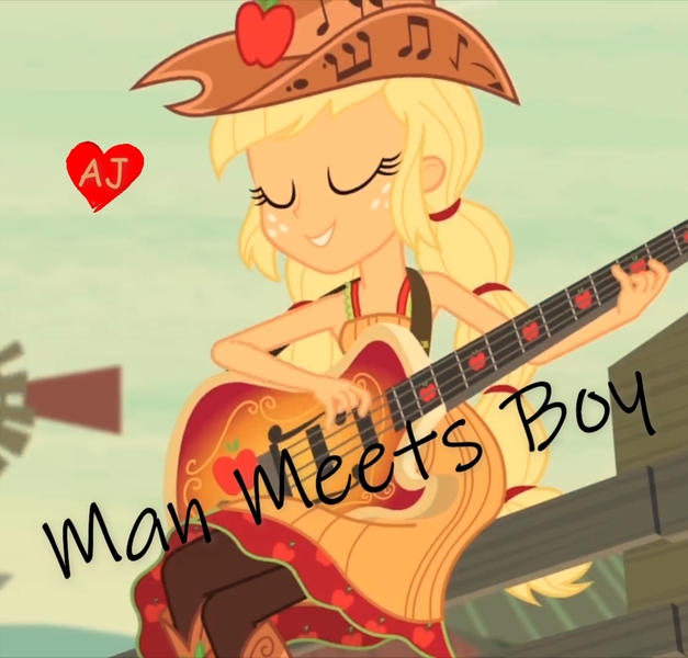 Size: 1321x1264 | Tagged: safe, derpibooru import, edit, edited screencap, screencap, applejack, human, equestria girls, friendship games, album, album cover, background human, bass guitar, boots, clothes, fefe dobson, female, grin, image, jpeg, musical instrument, party, shoes, singer, single, skirt, smiling, solo