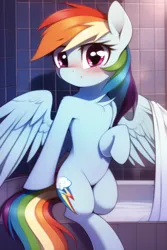 Size: 512x768 | Tagged: safe, derpibooru import, machine learning generated, novelai, stable diffusion, rainbow dash, pegasus, pony, semi-anthro, blushing, female, hot tub, image, mare, png, solo, solo female, towel, wing hold, wings