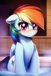 Size: 512x768 | Tagged: safe, derpibooru import, machine learning generated, novelai, stable diffusion, rainbow dash, pegasus, pony, blushing, embarrassed, female, hot tub, image, mare, png, solo, solo female, steam, wet