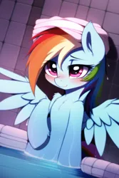Size: 512x768 | Tagged: safe, derpibooru import, machine learning generated, novelai, stable diffusion, rainbow dash, pegasus, pony, bedroom eyes, blushing, chest fluff, female, hot tub, image, mare, png, solo, solo female, towel, towel on head, wet