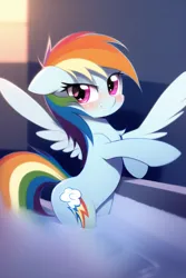 Size: 512x768 | Tagged: safe, derpibooru import, machine learning generated, novelai, stable diffusion, rainbow dash, pegasus, pony, bipedal, blushing, chest fluff, female, hot tub, image, mare, png, solo, solo female