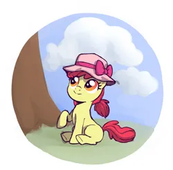 Size: 2480x2442 | Tagged: safe, artist:crade, ponybooru import, apple bloom, earth pony, pony, cloud, female, filly, foal, grass, hat, image, png, raised hoof, raised leg, sitting, smiling, solo, sun hat, tree