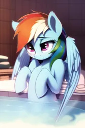 Size: 512x768 | Tagged: safe, derpibooru import, machine learning generated, novelai, stable diffusion, rainbow dash, pegasus, pony, blushing, chest fluff, female, hot tub, image, mare, png, shoulder fluff, sitting, solo, solo female, towel