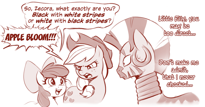 Size: 2827x1478 | Tagged: safe, artist:crade, ponybooru import, apple bloom, applejack, zecora, earth pony, pony, zebra, apple sisters, casual racism, dialogue, female, filly, foal, image, mare, monochrome, png, sepia, siblings, sisters, speech bubble, trio