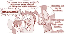 Size: 2827x1478 | Tagged: safe, artist:crade, ponybooru import, apple bloom, applejack, zecora, earth pony, pony, zebra, apple sisters, casual racism, dialogue, female, filly, foal, image, mare, monochrome, png, sepia, siblings, sisters, speech bubble, trio