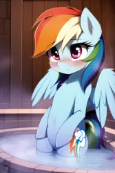 Size: 512x768 | Tagged: safe, derpibooru import, machine learning generated, novelai, stable diffusion, rainbow dash, pegasus, pony, belly button, bipedal, blushing, chest fluff, cute, female, hot tub, image, mare, png, solo, solo female