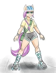 Size: 1400x1800 | Tagged: safe, artist:zachc, derpibooru import, sunny starscout, anthro, clothes, female, g5, helmet, image, looking at you, png, roller skates, shirt, shorts, solo