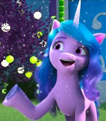 Size: 1183x1345 | Tagged: safe, derpibooru import, edit, edited screencap, screencap, izzy moonbow, spoiler:g5, spoiler:winter wishday, cropped, g5, image, jpeg, raised hoof, snow, solo, winter wishday