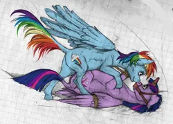 Size: 1280x915 | Tagged: grimdark, suggestive, artist:gor1ck, derpibooru import, rainbow dash, twilight sparkle, twilight sparkle (alicorn), alicorn, pegasus, pony, bondage, bound wings, butt, female, femdom, gag, hogtied, horn, horn sleeve, image, imminent rape, imminent sex, jpeg, lesbian, magic suppression, mare, muzzle, muzzle gag, nose to nose, pencil drawing, plot, rainbow dash raping twilight sparkle, rape, rope, rope bondage, sex, traditional art, wings