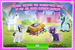 Size: 1958x1298 | Tagged: safe, derpibooru import, idw, official, black belle, dyre, grackle, shadow storm, violet shiver, human, pony, unicorn, my little pony: generations, apple, book, braid, braided tail, building, burger, bush, clothes, costume, disguise, ear piercing, earring, english, female, food, gameloft, group, hay burger, horn, idw showified, image, jagged horn, jewelry, jpeg, limited-time story, male, mare, piercing, restaurant, sign, stallion, stool, tail, text