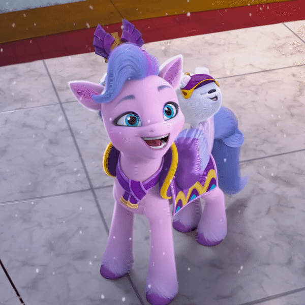 Size: 600x600 | Tagged: safe, derpibooru import, screencap, cloudpuff, queen haven, dog, pegasus, pomeranian, pony, spoiler:g5, spoiler:winter wishday, adorahaven, animated, blue eyes, cropped, cute, excited, female, flying pomeranian, g5, gif, happy, image, mare, snow, snowfall, spread wings, winged dog, wings, winter wishday