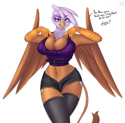 Size: 4188x4110 | Tagged: suggestive, artist:nexcoyotlgt, paywalled source, gilda, anthro, gryphon, belly button, belly piercing, bellyring, belt, big breasts, booty shorts, breast overpour, breasts, broken english, busty gilda, cleavage, clothes, curvy, daisy dukes, denim shorts, dialogue, eye clipping through hair, eyebrows, eyebrows visible through hair, eyelashes, female, high res, hourglass figure, huge breasts, image, looking at you, midriff, neck fluff, piercing, plaid, png, raised eyebrow, shirt, shirt pull, short shirt, shorts, showing off, simple background, skimpy outfit, skindentation, smiling, socks, solo, solo female, stockings, stupid sexy gilda, talking to viewer, tanktop, taunting, text, thigh highs, thighs, tight clothing, unzipped pants, white background, wide hips