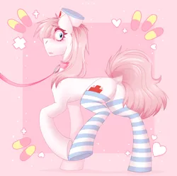 Size: 1010x1000 | Tagged: suggestive, artist:rtootb, derpibooru import, nurse redheart, earth pony, pony, butt, clothes, collar, confused, embarrassed, embarrassed underwear exposure, hooves, image, leash, looking at you, loose hair, medic, pills, plot, png, simple background, socks, solo, stockings, striped socks, thigh highs, underwear