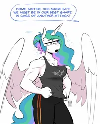 Size: 1042x1292 | Tagged: safe, artist:redxbacon, derpibooru import, princess celestia, alicorn, anthro, biceps, breasts, busty princess celestia, cleavage, clothes, dialogue, female, hair bun, image, implied princess luna, jpeg, muscles, muscular female, offscreen character, open mouth, panting, pants, princess musclestia, simple background, solo, speech bubble, sweat, sweatpants, tanktop, white background