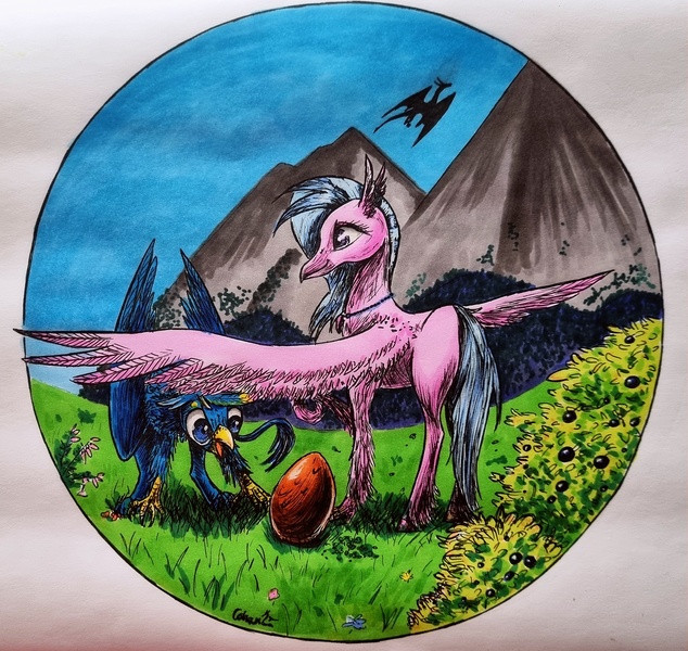 Size: 2891x2735 | Tagged: safe, artist:cahandariella, derpibooru import, gallus, silverstream, classical hippogriff, dragon, gryphon, hippogriff, blueberry, egg, female, food, gallstream, image, implied smolder, inktober, jpeg, male, mountain, mountain range, parent:smolder, shipping, simple background, straight, traditional art