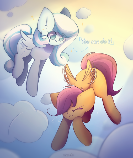 Size: 1900x2250 | Tagged: safe, artist:miryelis, derpibooru import, scootaloo, oc, oc:snowdrop, pegasus, pony, cloud, flying, full body, image, png, simple background, smiling, text, wings