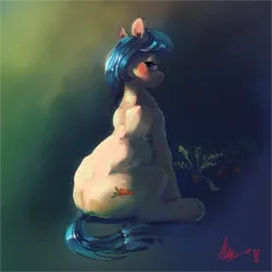 Size: 4096x4096 | Tagged: safe, artist:alumx, derpibooru import, earth pony, pony, back, background pony, blue eyes, blue mane, blushing, butt, carrot, female, food, g5, image, lookie uppie, looking at you, mare, painting, plot, png, simple background, solo