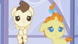 Size: 3072x1727 | Tagged: safe, derpibooru import, screencap, pound cake, pumpkin cake, pegasus, pony, unicorn, baby cakes, season 2, baby, baby pony, cake twins, colt, duo, duo male and female, female, filly, floppy ears, flying, foal, frown, high res, image, jpeg, male, siblings, spread wings, twins, wings