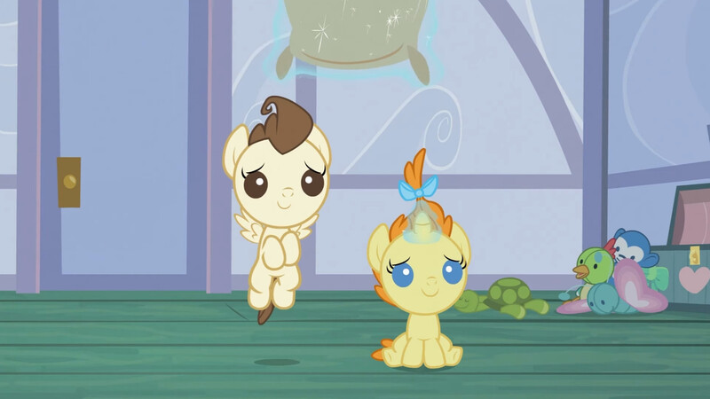 Size: 3072x1727 | Tagged: safe, derpibooru import, screencap, pound cake, pumpkin cake, pegasus, pony, unicorn, baby cakes, season 2, baby, baby pony, cake twins, colt, duo, duo male and female, female, filly, flour, flying, foal, glow, glowing horn, high res, horn, image, jpeg, magic, male, siblings, smiling, spread wings, telekinesis, twins, wings