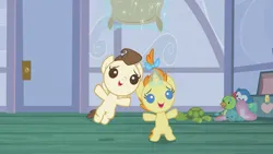 Size: 3072x1727 | Tagged: safe, derpibooru import, screencap, pound cake, pumpkin cake, pegasus, pony, unicorn, baby cakes, season 2, baby, baby pony, bipedal, cake twins, colt, duo, duo male and female, female, filly, flour, flying, foal, glow, glowing horn, high res, horn, image, jpeg, magic, male, open mouth, open smile, siblings, smiling, spread wings, telekinesis, twins, wings