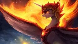 Size: 2464x1408 | Tagged: safe, derpibooru import, editor:mr-bat, machine learning generated, stable diffusion, daybreaker, abstract background, chestplate, dark sky, fire, helmet, image, mane of fire, open mouth, painted, png, spread wings, wallpaper, white body, wings