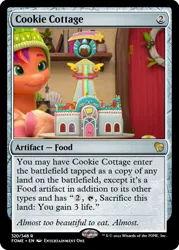 Size: 375x523 | Tagged: safe, derpibooru import, edit, sunny starscout, spoiler:g5, spoiler:winter wishday, ccg, cookie, crystal brighthouse, food, g5, gingerbread house, hat, image, magic the gathering, png, trading card, trading card edit, winter wishday