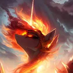 Size: 1408x1408 | Tagged: safe, derpibooru import, editor:mr-bat, machine learning generated, stable diffusion, daybreaker, alicorn, cloud, crown, dark clouds, fire, horn, image, jewelry, looking up, mane of fire, painted, png, regalia, smoke, sun