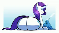 Size: 3500x2000 | Tagged: suggestive, artist:mythabyss, derpibooru import, rarity, pony, unicorn, butt, female, image, jpeg, large butt, needle, plot, rear view, rearity, sewing, sitting, solo, solo female, the ass was fat