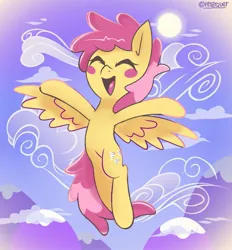 Size: 1289x1390 | Tagged: safe, artist:anarquer, derpibooru import, dizzy twister, orange swirl, pegasus, pony, background pony, cloud, eyes closed, female, flying, happy, image, jpeg, mare, mountain, sky, smiling, spread wings, sun, wings