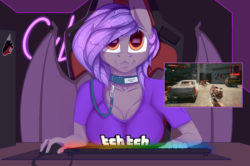 Size: 3600x2400 | Tagged: safe, artist:chapaevv, derpibooru import, oc, oc:clair de lune, unofficial characters only, anthro, bat pony, bad dragon, cyberpunk, female, image, looking at you, playing, png, sex toy, solo, streamers, streaming, twitch
