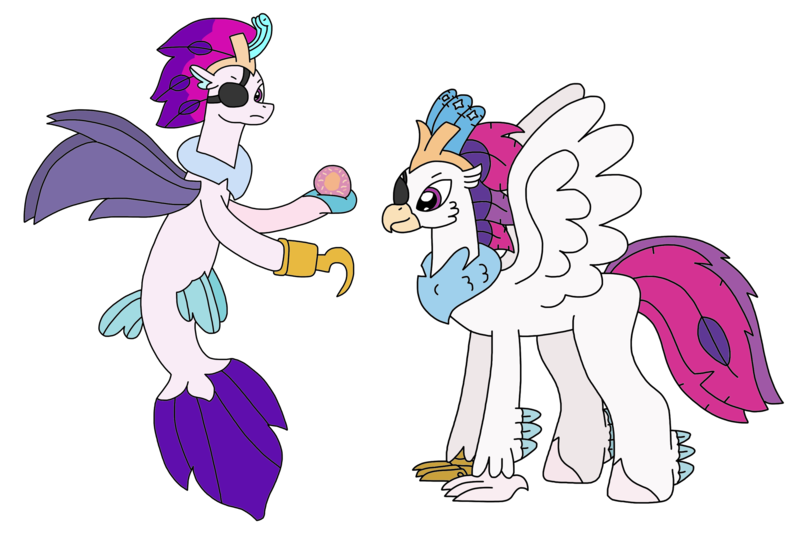 Size: 3264x2202 | Tagged: safe, artist:supahdonarudo, derpibooru import, queen novo, classical hippogriff, hippogriff, seapony (g4), my little pony: the movie, amputee, eyepatch, holding, hook hand, image, male, pearl, png, prosthetic limb, prosthetics, queen novo's orb, rule 63, simple background, transparent background