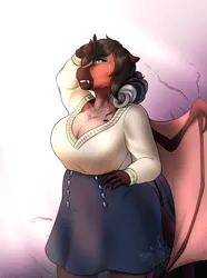 Size: 2880x3870 | Tagged: safe, artist:blackblood-queen, derpibooru import, oc, oc:lady lovegreen, unofficial characters only, anthro, dracony, dragon, hybrid, pony, unguligrade anthro, anthro oc, big breasts, breasts, cleavage, crying, digital art, fangs, female, floppy ears, image, mare, milf, png, sharp nails, shortstack, solo, story in the source, sunlight