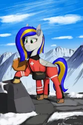 Size: 1200x1800 | Tagged: safe, artist:apuljack, derpibooru import, oc, oc:eagle fly, unofficial characters only, pegasus, pony, clothes, female, image, jpeg, mare, medic bag, mountain, mountain rescue, stretcher, uniform