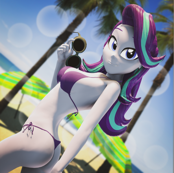 Size: 2166x2160 | Tagged: suggestive, artist:sfmaniaceq, derpibooru import, starlight glimmer, equestria girls, 3d, beach, bikini, bikini bottom, bikini top, clothes, image, looking at you, ocean, palm tree, png, solo, source filmmaker, sunglasses, swimsuit, tree, umbrella, water