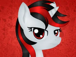 Size: 1024x768 | Tagged: artist needed, safe, derpibooru import, oc, oc:blackjack, unofficial characters only, pony, unicorn, fallout equestria, fallout equestria: project horizons, angry, bust, fanfic art, image, jpeg, looking at you, portrait, red background, scowl, simple background, solo